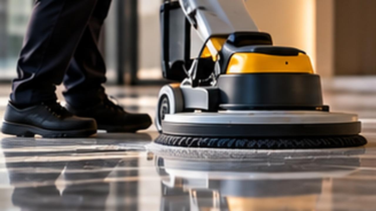 Autolaveuse professionnelle sur un sol poli, machine en action dans un espace commun.