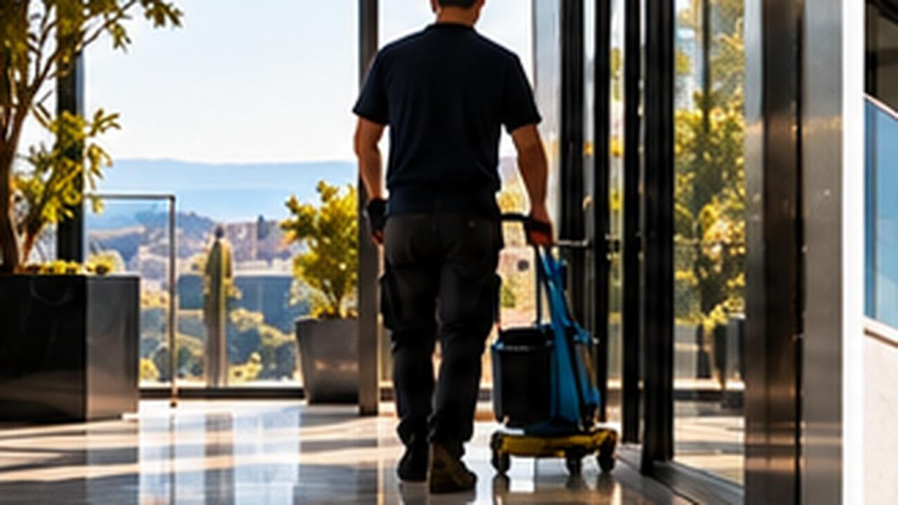 Professionnel vu de dos dans un hall d'immeuble, silhouette discrète dans l'espace.